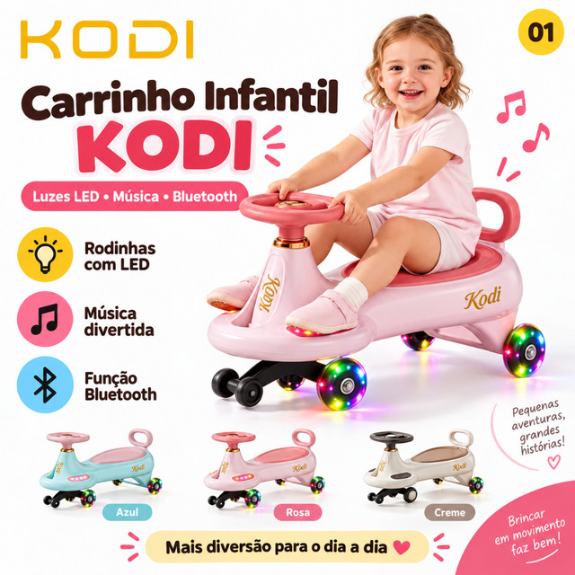 Carrinho Infantil KODI com Luz LED e Música Bluetooth | Carro de Passeio para Crianças