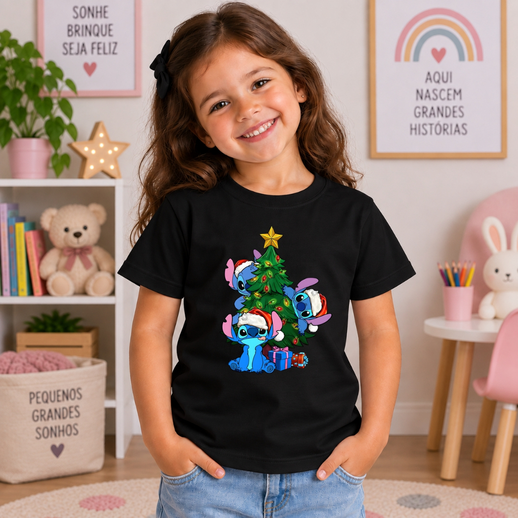 Camiseta Infantil Feminina Stitch 100% Algodão Juvenil Estampada Premium Manga Curta Confortável