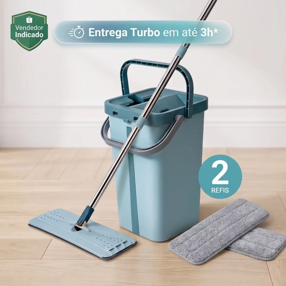 Flat Mop Rodo Mágico Esfregão Com Balde Lava e Seca + 2 Refis Microfibra 360° - Envio Imediato