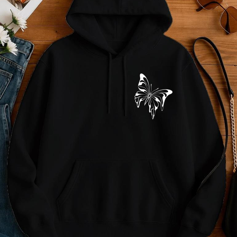 Moletom Feminino Estiloso Quentinho Fofo Casaco Flanelado Estampado Borboleta