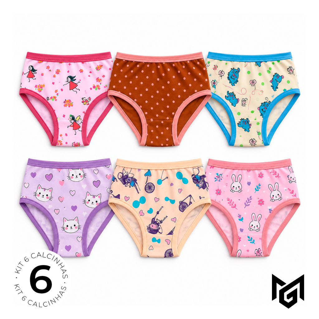Kit 6 Calcinhas Infantis Juvenis Modelo Tanga Para Meninas Tecido Algodão Confortável Estampadas