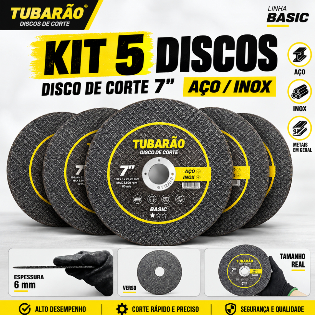 5x Disco de Corte 7'' x 1,60mm Furo 7/8" Inox e Metal - Tubarão