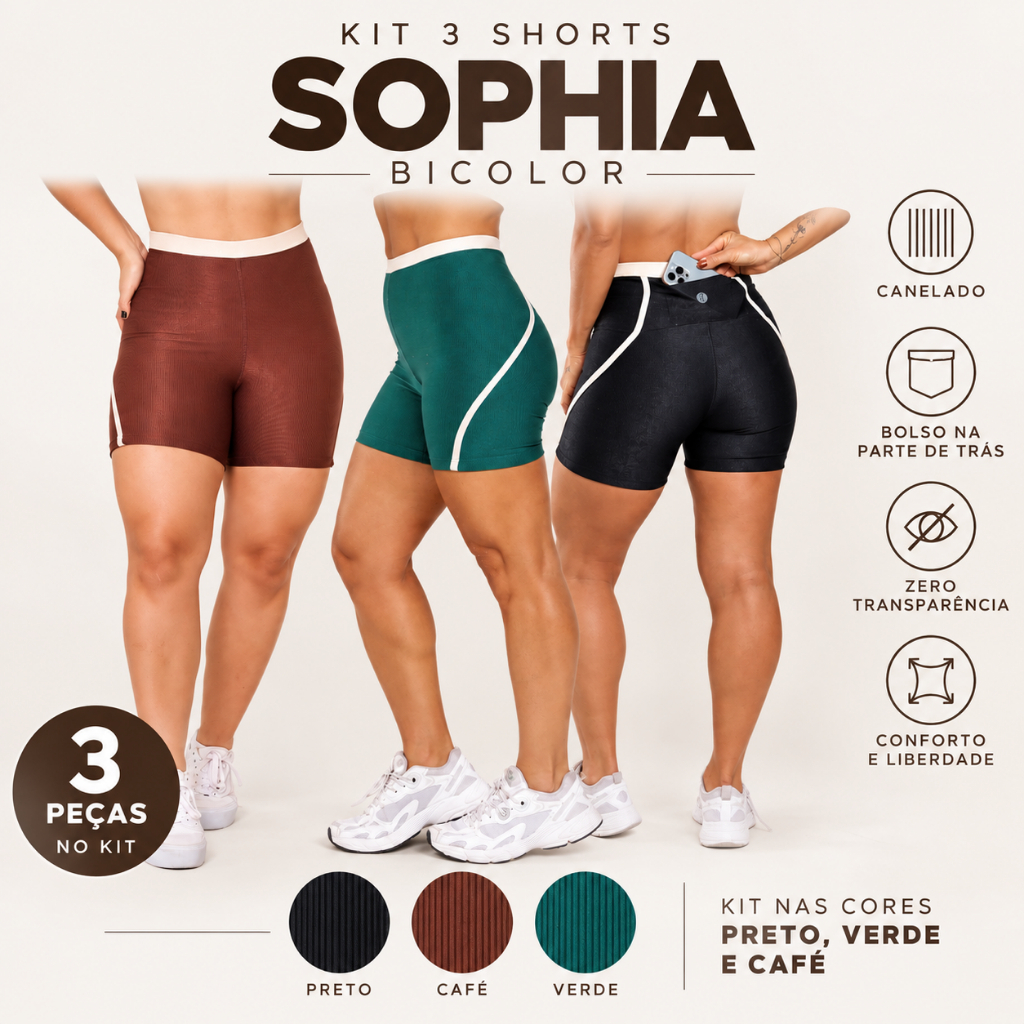 Kit 3 Shorts Sophia Bicolor Feminino Fitness Zero Transparência Canelado com Bolso Confortavel Academia Treino