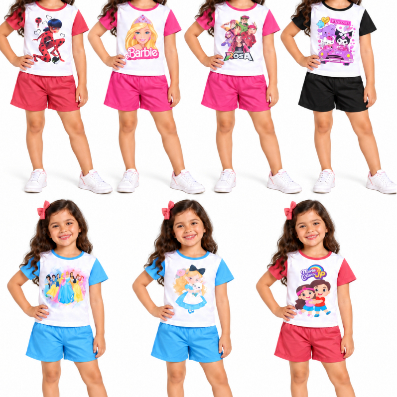 Conjunto Infantil Menina Camiseta + Short Estampa Aleatória Personagens Roupa Infantil Verão Confortável Roupa