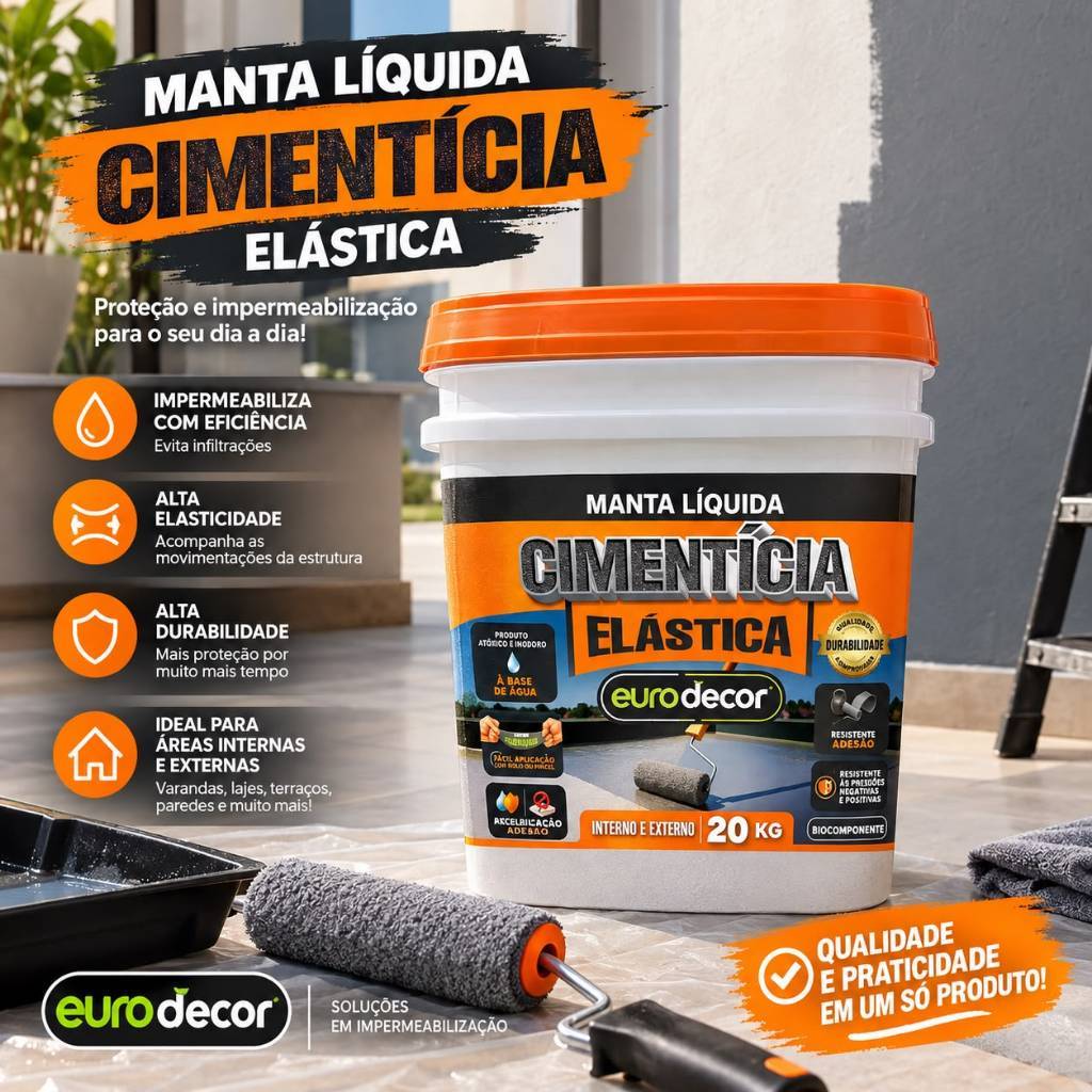 Cimento Elástico 20KG Ou 4KG Impermeabilizante Emborrachado Eurodecor de Lajes Telhados e Terraços