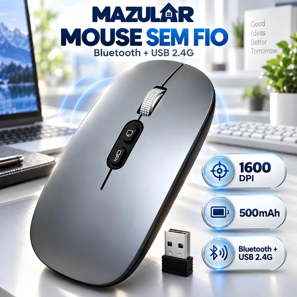 Mouse Sem Fio Recarregável Bluetooth 2.4G USB 1600 DPI Ajustável Ergonômico Para Notebook, PC, Tablet, Celular