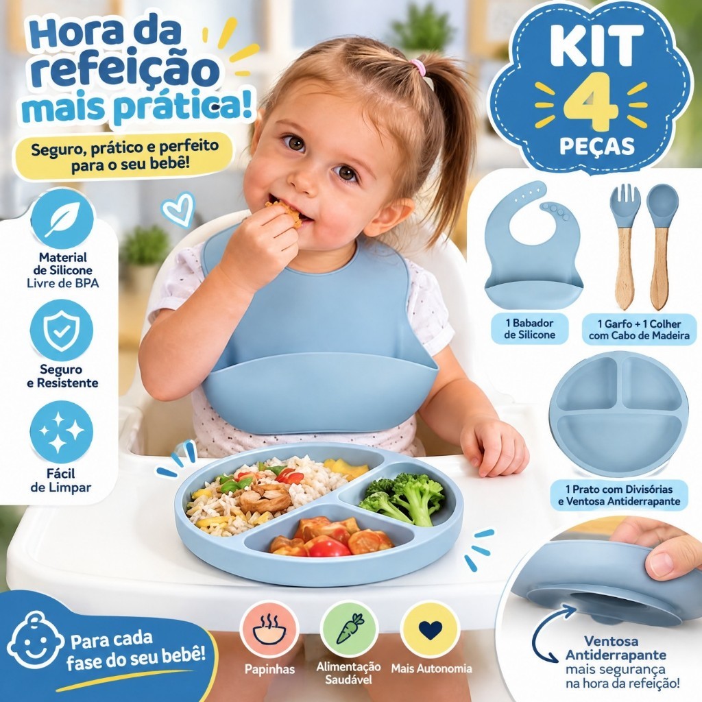 4 pçs Kit Prato com Talher Silicone Introdução Alimentar Bebê