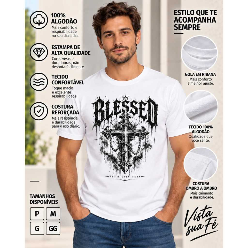 Camiseta Unissex Cruz Streetwear Blessed Faith Over Fear Estampa Religiosa Gospel Cristã Oversized