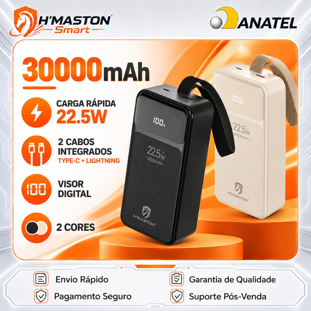 H'MASTON Power Bank Carregador Portátil 30000mAh 22.5W Carga Rápida com Cabos USB-C e Lightning Display Digital