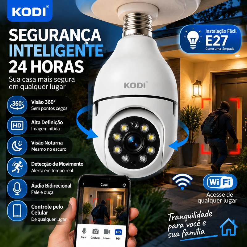 Câmera Segurança Prova D'água Infravermelho Lâmpada Externa 360 Sem Fio Wifi 2.4G