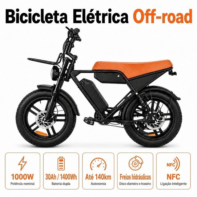 Bicicleta Elétrica 1000W Bateria Dupla 30Ah 140km Freio Hidráulico Pneu 20x4.0 Suspensão NFC 150kg Trilha