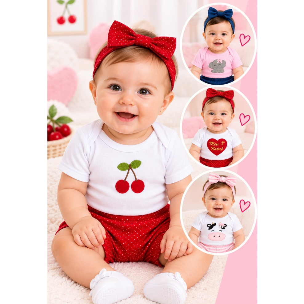Conjunto Roupa Bebê Menina Body e Short Tapa Fralda Temático Mêsversário Personagem Fantasia c16917