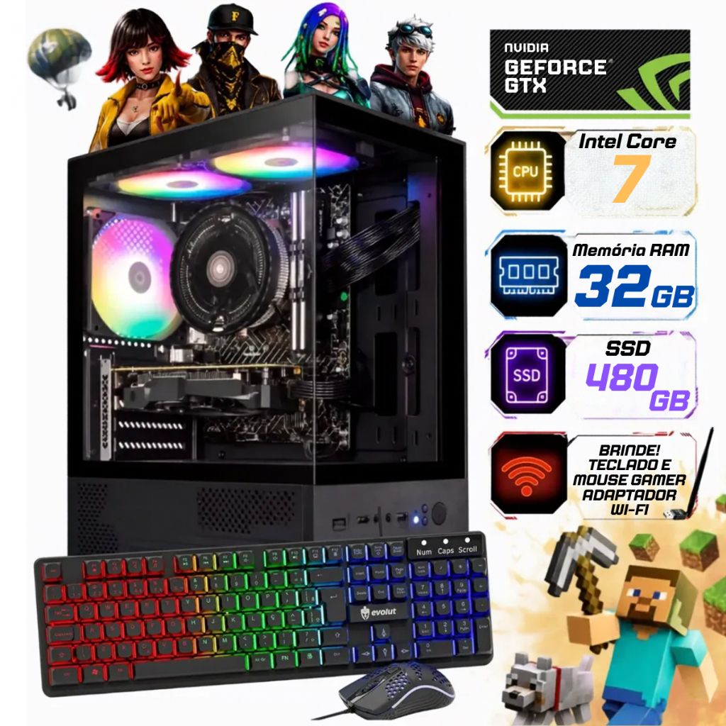 Pc Gamer I7 3°, 32gb Ram, Ssd 480gb, Placa de Video GTX750 4GB + Kit Mouse Teclado RGB