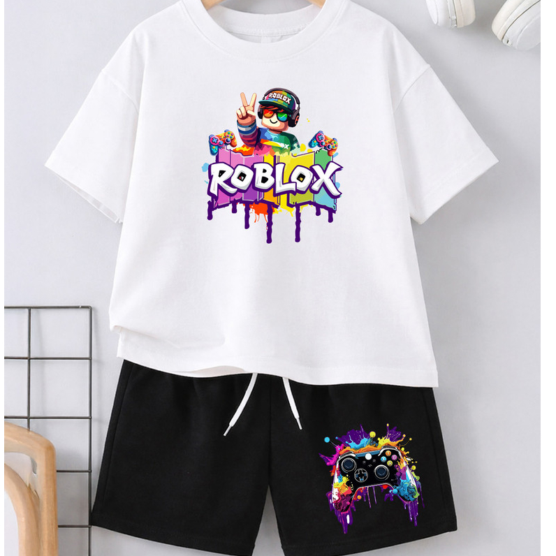 Conjunto Infantil Robloxx Roupa Criança Camiseta Shorts Unissex 100% Algodão Juvenil Estiloso