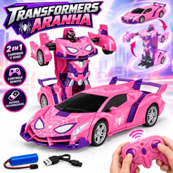 Carrinho de Controle Remoto 2 em 1 Vira Robô Transformável Rosa Bateria Recarregável