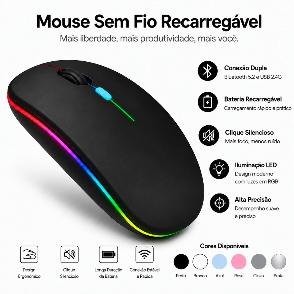 Mouse Sem Fio Recarregável Wireless LED RGB Silencioso Ergonômico PC Notebook Tablet Celular
