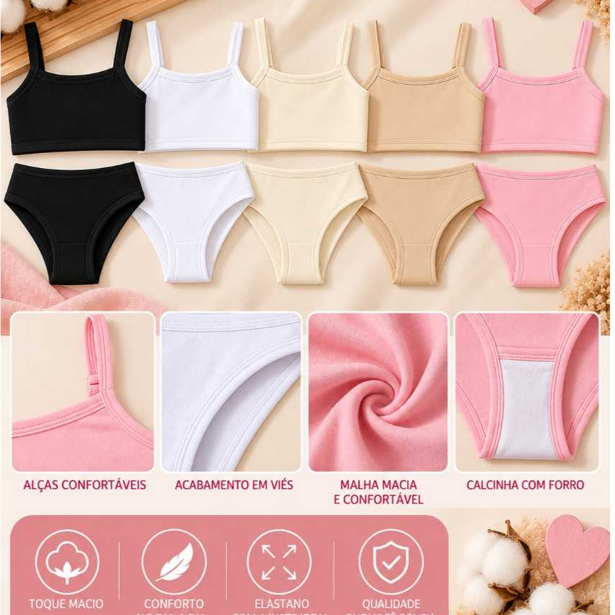 kit 5 CONJUNTO FEMININO infantil juvenil top e calcinha cotton algodão