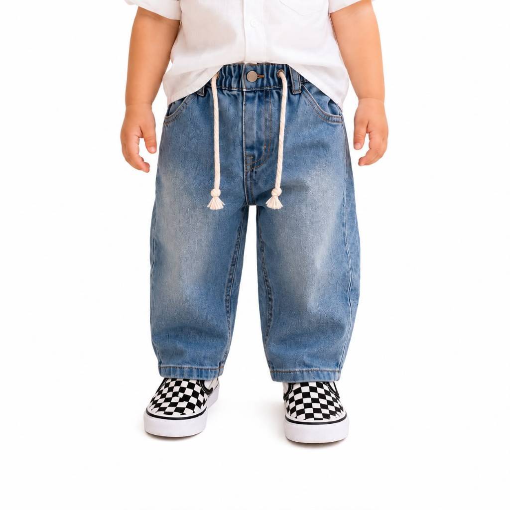 Calça Jeans Infantil Menino Com Cordão Ajuste na Cintura Azul Macio Confortável Casual 1 2 3 Anos