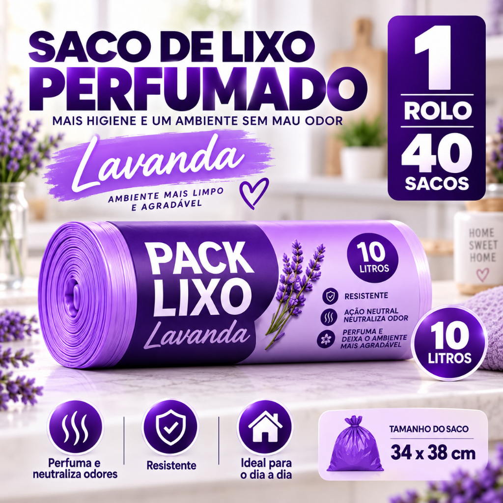 Pack Sacos de Lixo Perfumados Lavanda 34x38cm 10L Pia Banheiro Cozinha Escritorio Neutraliza Odores