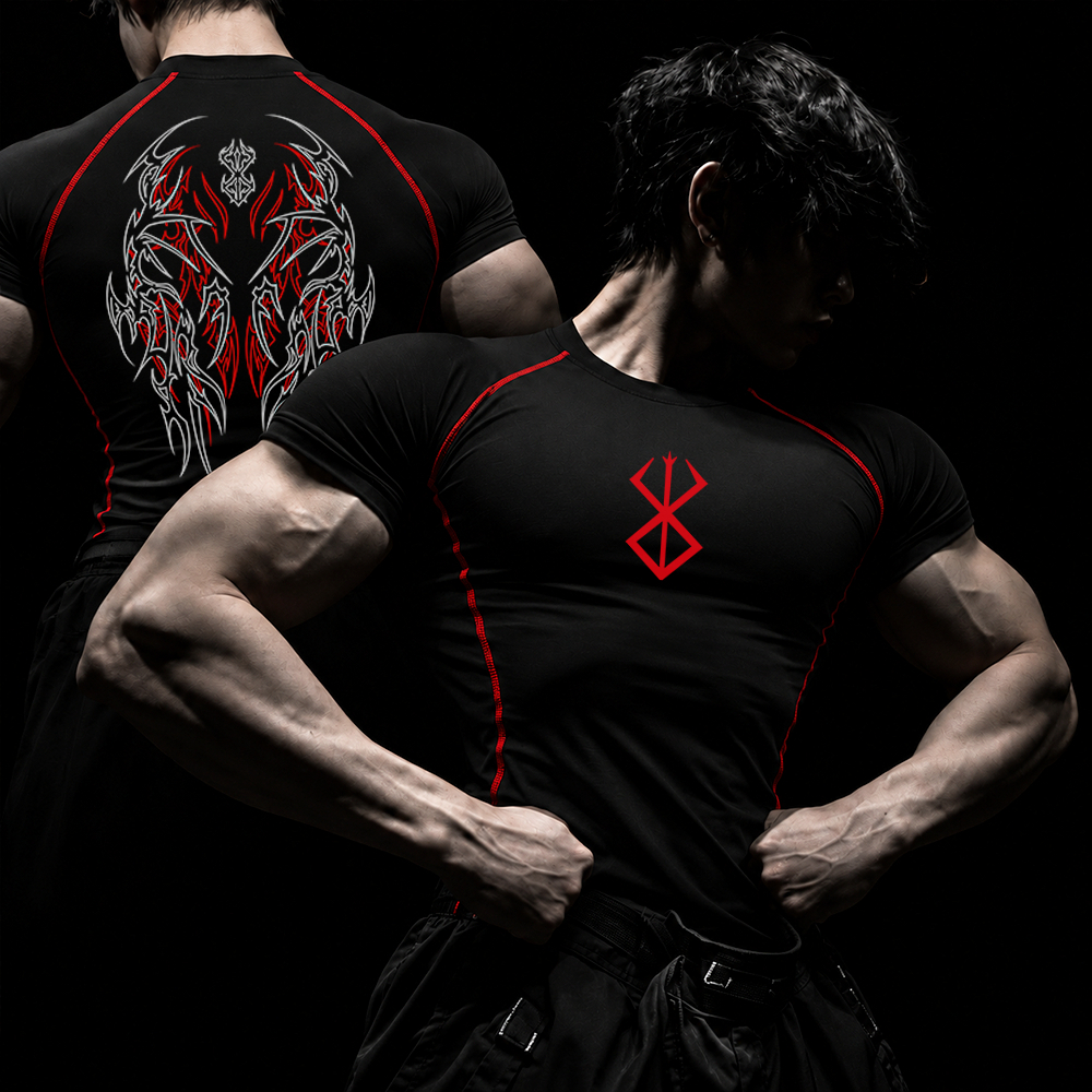 Camiseta Compressao Masculina Slim Manga Curta Berserk Guts Gotico Metal Dark Treino Academia Fitness
