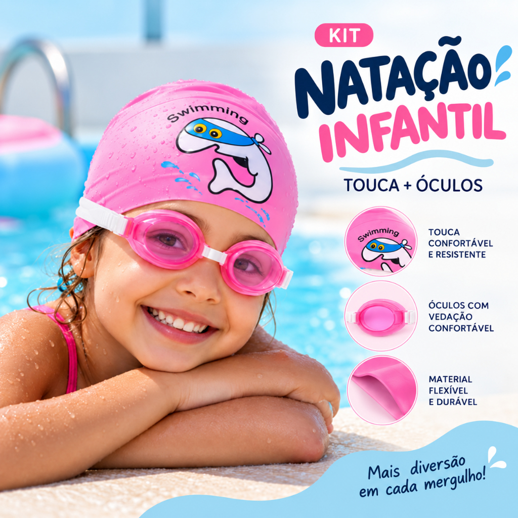 Kit Touca de Natação Infantil e Óculos Infantil Silicone Ajustável Piscina Praia Diversas Cores