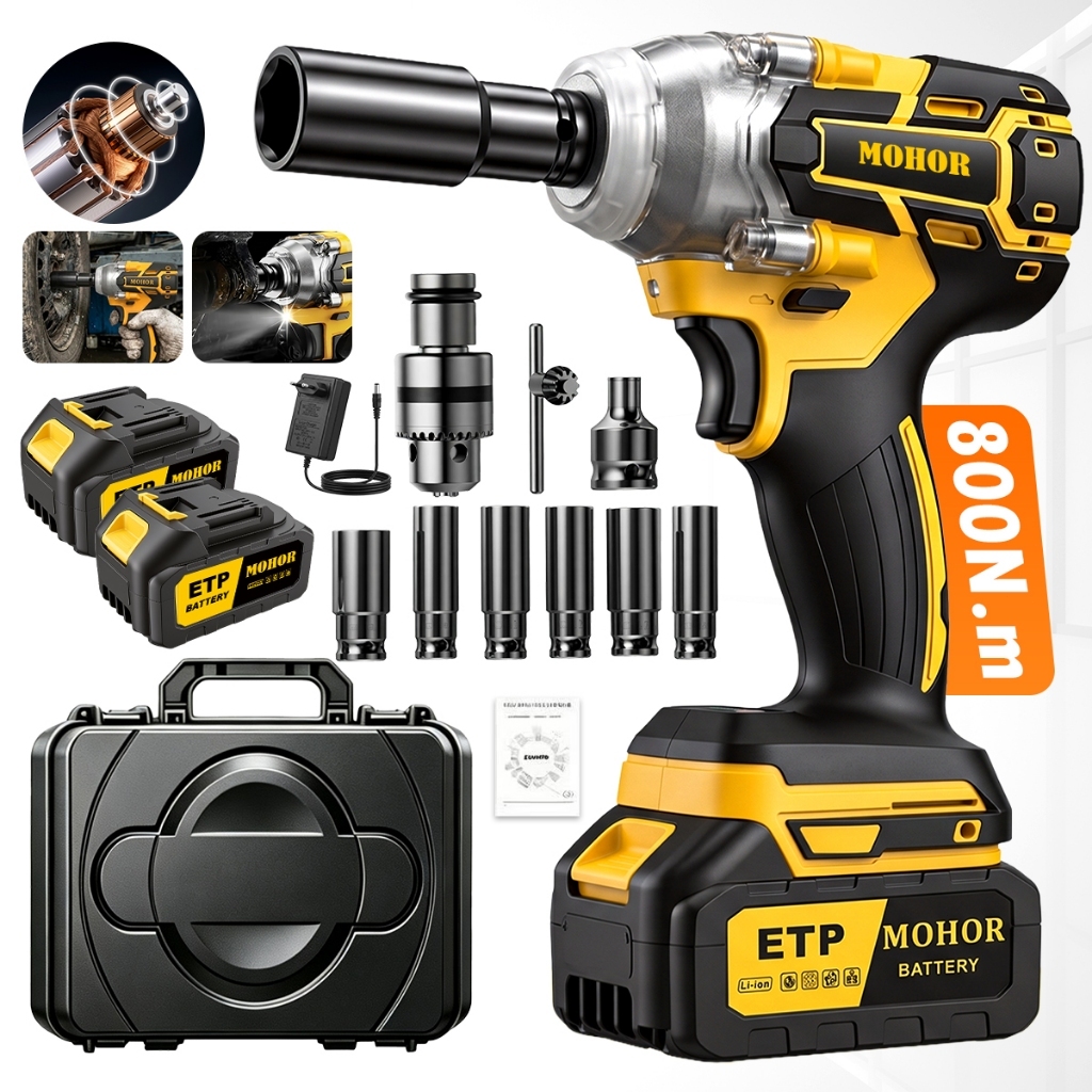 Chave de Impacto a Bateria 800Nm Motor Forte sem Fio com 2 Baterias e Carregador para Rodas Automotivas