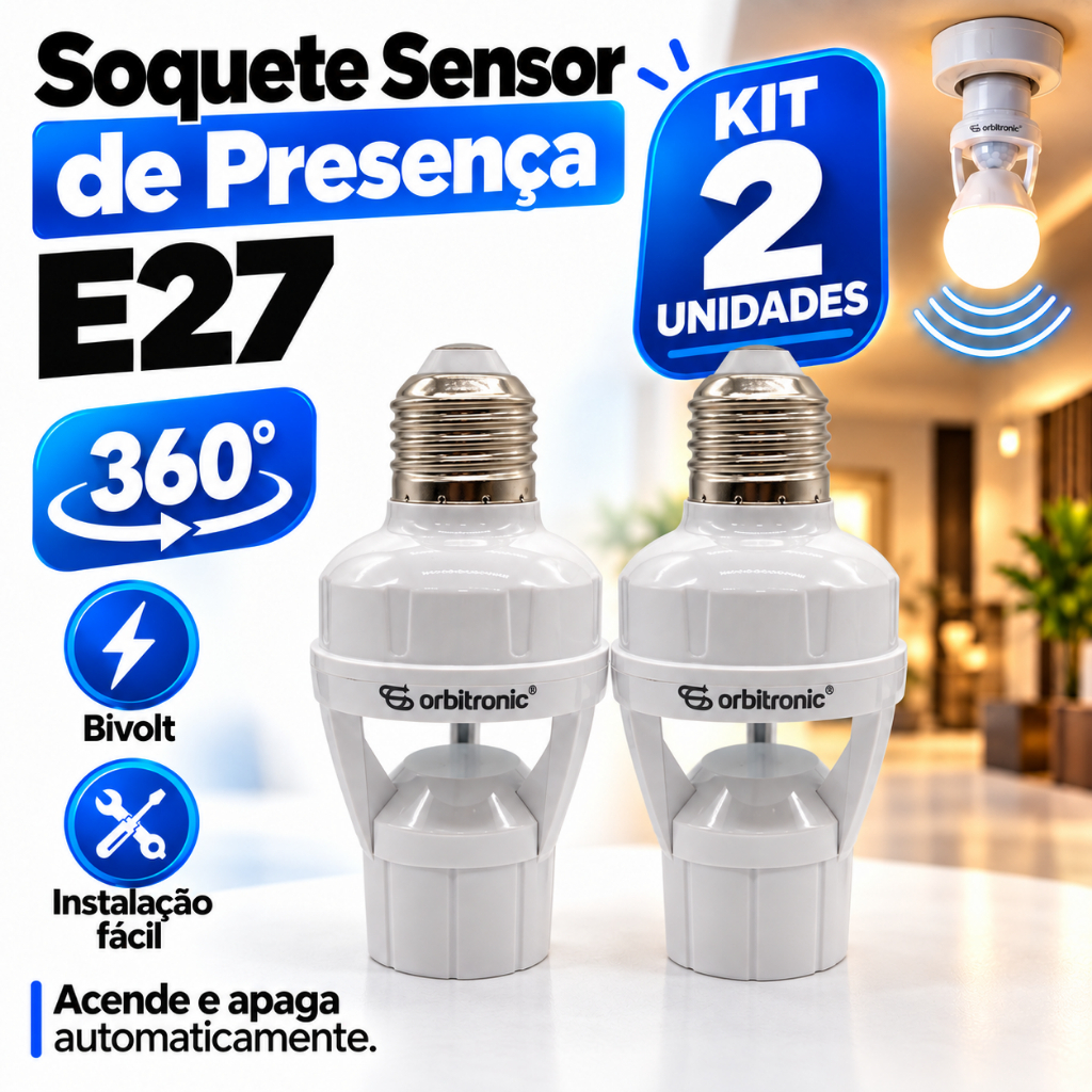 Kit 2 Soquete Sensor De Presença Lâmpada Bocal E27 Movimento 360º