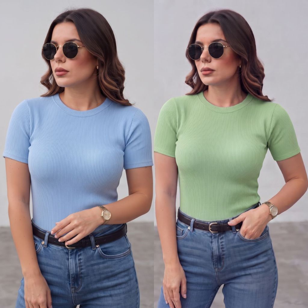 Kit 2 Blusa Feminina Estilosa Ribana Canelado Casual Tendência Verão blusa Confortável com elasticidade