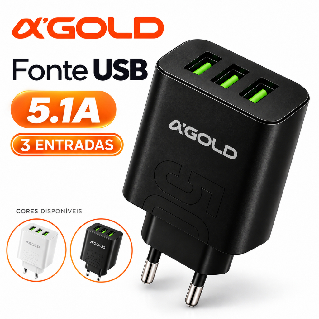 Fonte USB Inova 5.1A 3 Entradas com Cabo Lightning Carregamento Rápido