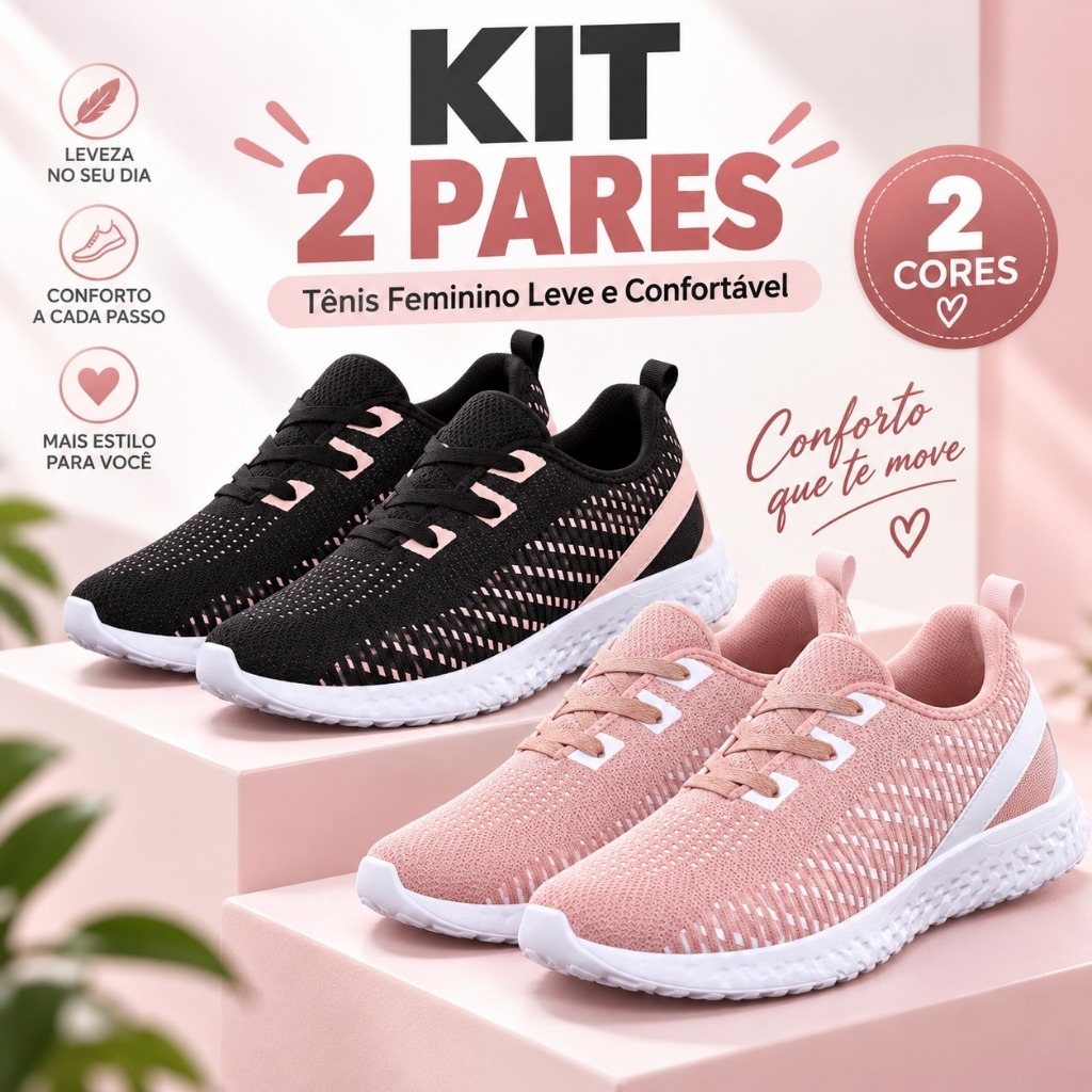 Kit 2 Tênis Feminino Academia Esportivo Corrida Caminhada Unissex Confortavel Leve Promoção