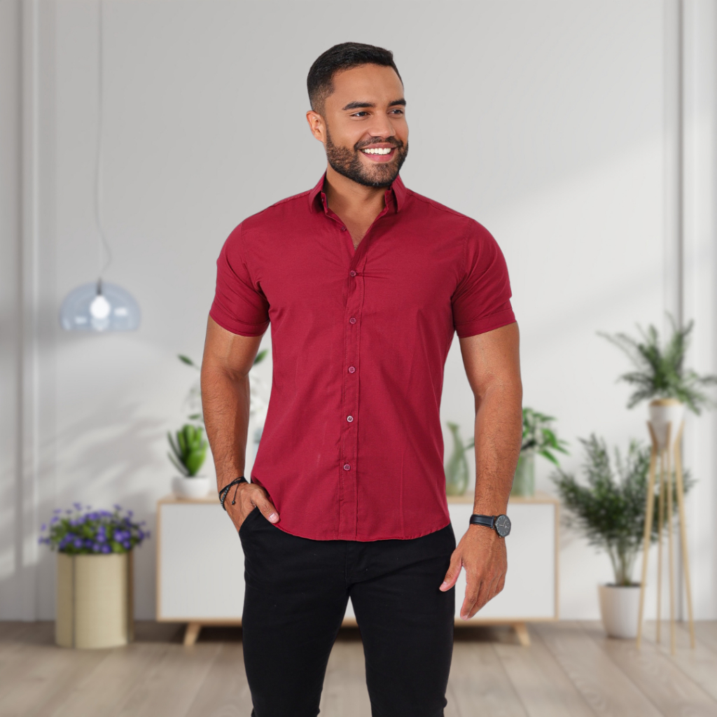 Camisa manga curta slim fit luxo algodão sem bolso não amassa