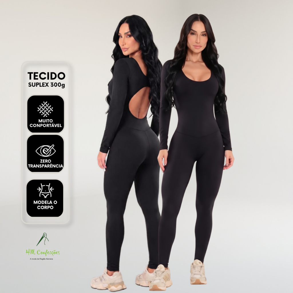 Macacão Fitness Feminino Manga Longa  Zero Transparência Costas Abertas Confortável Casual Elegante Liso Moda P ao GG