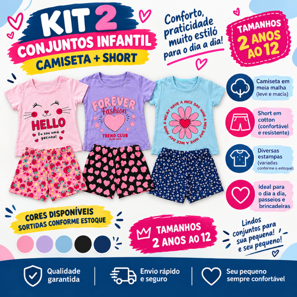 Kit 4 Peças Conjuntos Feminino Infantil Menina 2 a 12 Anos – Camiseta Meia Malha + Bermuda Cotton
