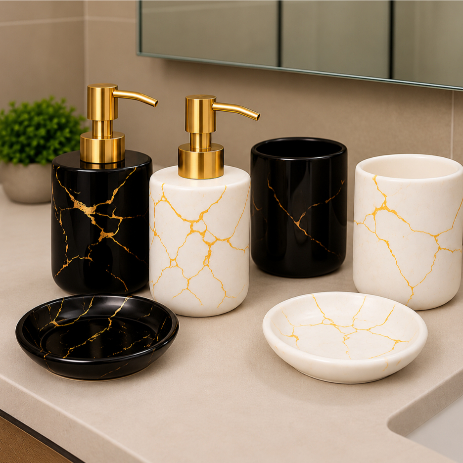 Kit Banheiro 3 peças Cerâmica - Mármore (Branco ou Preto) Porta Sabonete Escova de dentes -Decoração - Casa