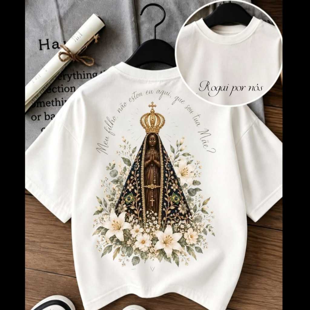 Camiseta Oversized Estilosa Nossaa Senhora Rogai por Nois Confortável Caimento no Ombro Camisa Streetwear 100% Algodão