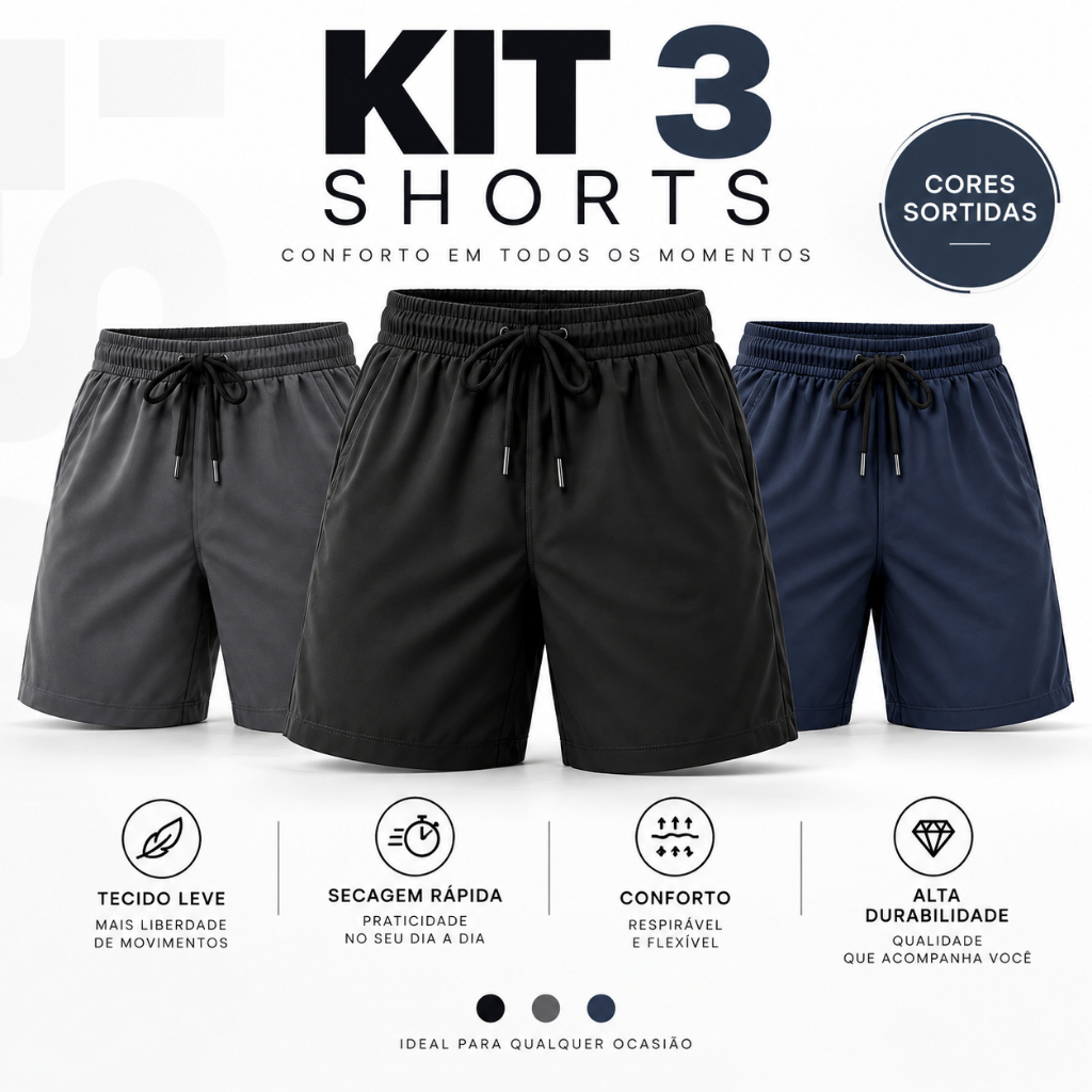 KIT 3 Bermudas Masculinas Tactel com Elastano Shorts Esportivo Secagem Rápida