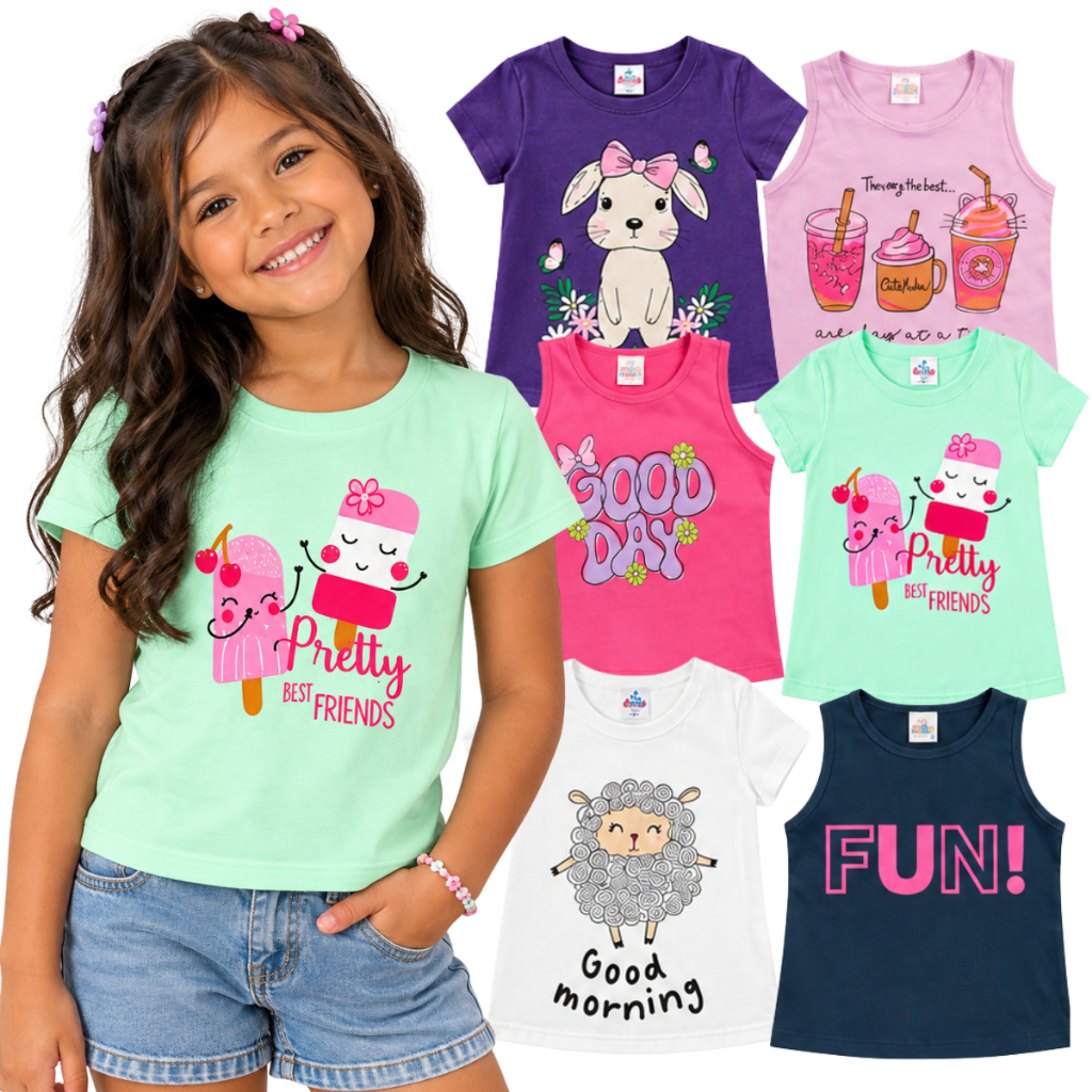 Kit Camiseta Infantil Menina - Roupa Infantil Menina - Blusa Infantil Menina Regata Infantil Menina Sortido