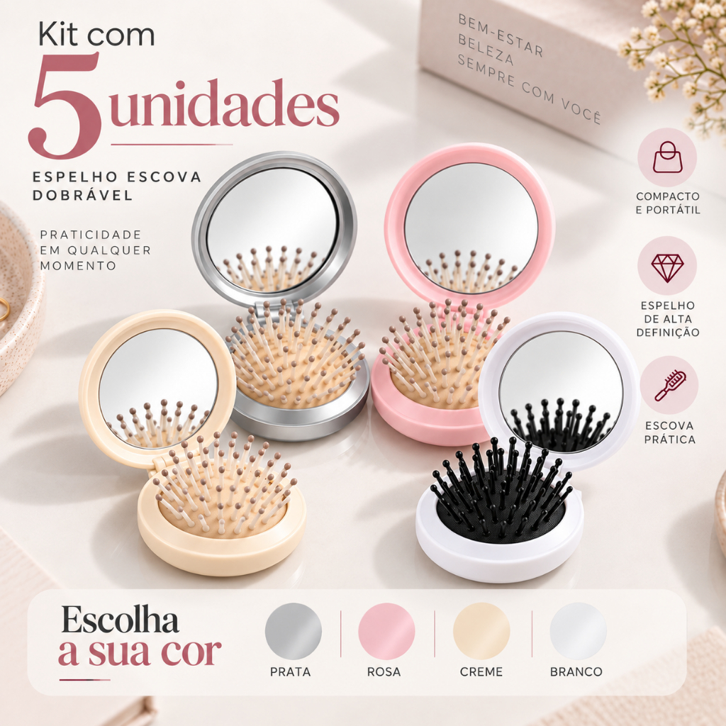 Kit 5 Escovas Dobráveis Com Espelho Para Bolsa E Necessaire Mulher Feminino Brinde Mimo Empresa