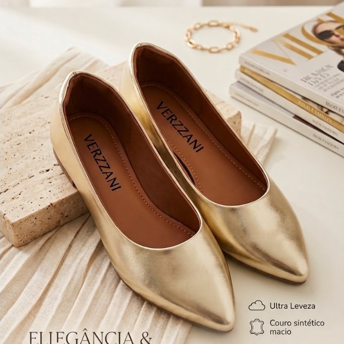 Sapatilha Feminina Metalizado ouro light Bico Fino Laço Confortável Elegante Casual MTOU Moda Conforto