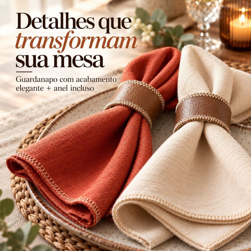 Kit 2 e 4 Guardanapo Em Linho 35X35 + Anel Em Couro Eleve a Elegância e Sofisticação da Sua Mesa Cores Variadas — imagem 2 de 2