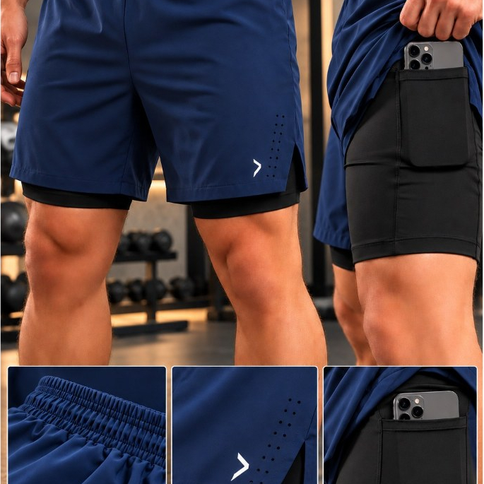 Short Masculino Academia Duplo Bermuda Masculino DryFit 2 em 1 Tactel com Elastano