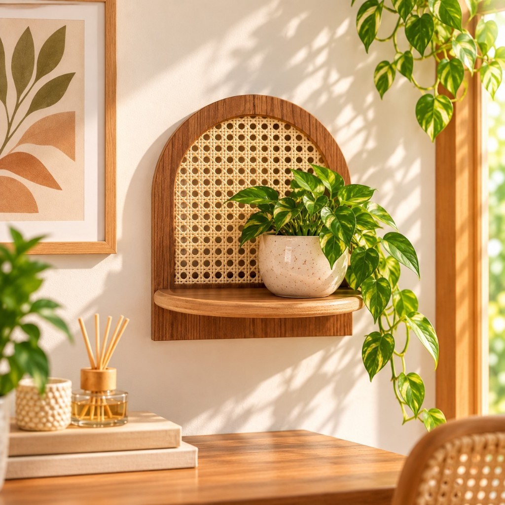 Prateleira Decorativa Boho com Palha Indiana Natural MDF Parede Arredondada