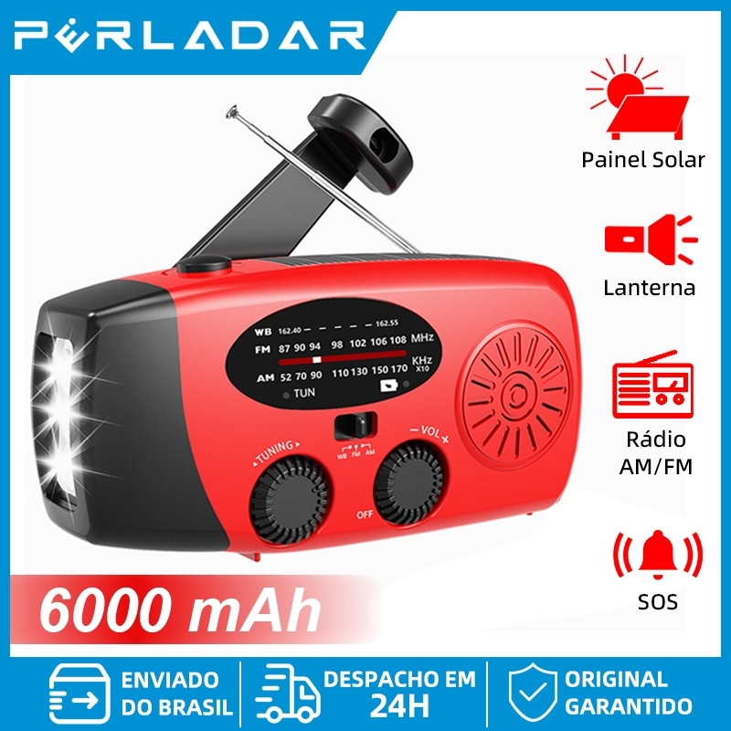 Rádio Emergência Portátil 6000mAh Solar + Manivela Com Power Bank Integrado, AM/FM, Lanterna LED, Alarme SOS