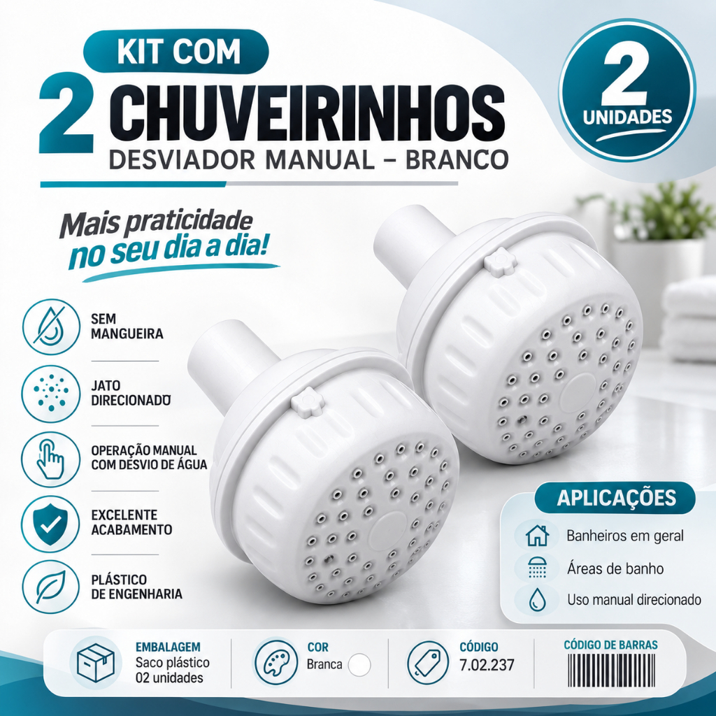 Chuveirinho Desviador de Água Manual Branco 2 Unidades Para Banheiro Sem Mangueira (Cod237)