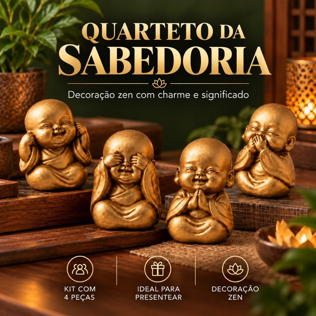 Imagem Buda Decoração Estátua Mini Trio Kit 4 Budas Meditação Zen Decorativo Escultura Meditando Minimalista
