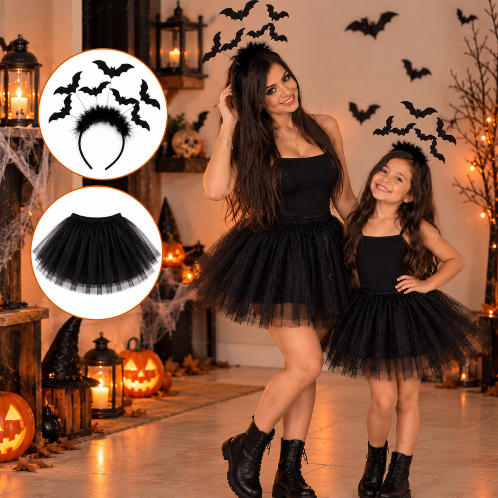 Kit Fantasia Morcego Adulto Infantil Tiara Saia Tule Preta Halloween Dia das Bruxas Morcegos Cosplay Festa Terror Escola