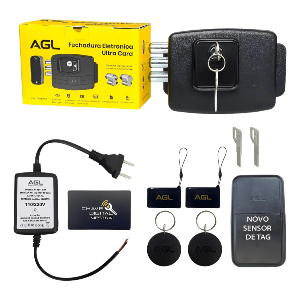 KIT FECHADURA DE PORTAO ELETRONICA AGL ULTRA CARD PRETA MODELO NOVO LANÇAMENTO MIFARE 13,56 + TAGS