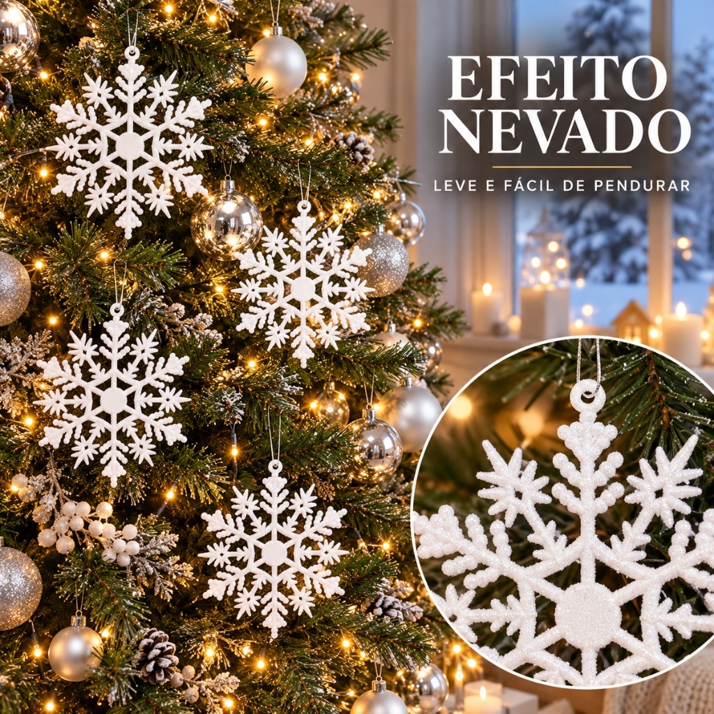 Flocos De Neve 10 Pingentes Grande C/ Glitter Decoração Enfeite Árvore Natal Branco/Vermelho/Dourado · foto 2