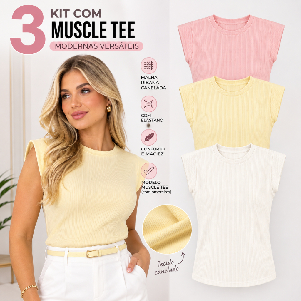 Kit 3 Blusas Feminina Muscle Tee Moderna Casual  Básica Malha Premium Chique Elegante Trabalho Dia-a-dia