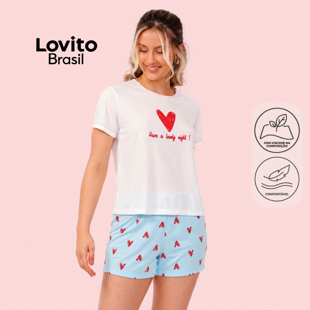 Lovito Pijama Feminino Conjunto Confortável Verão Short Manga Curta PJB1253BRL1283